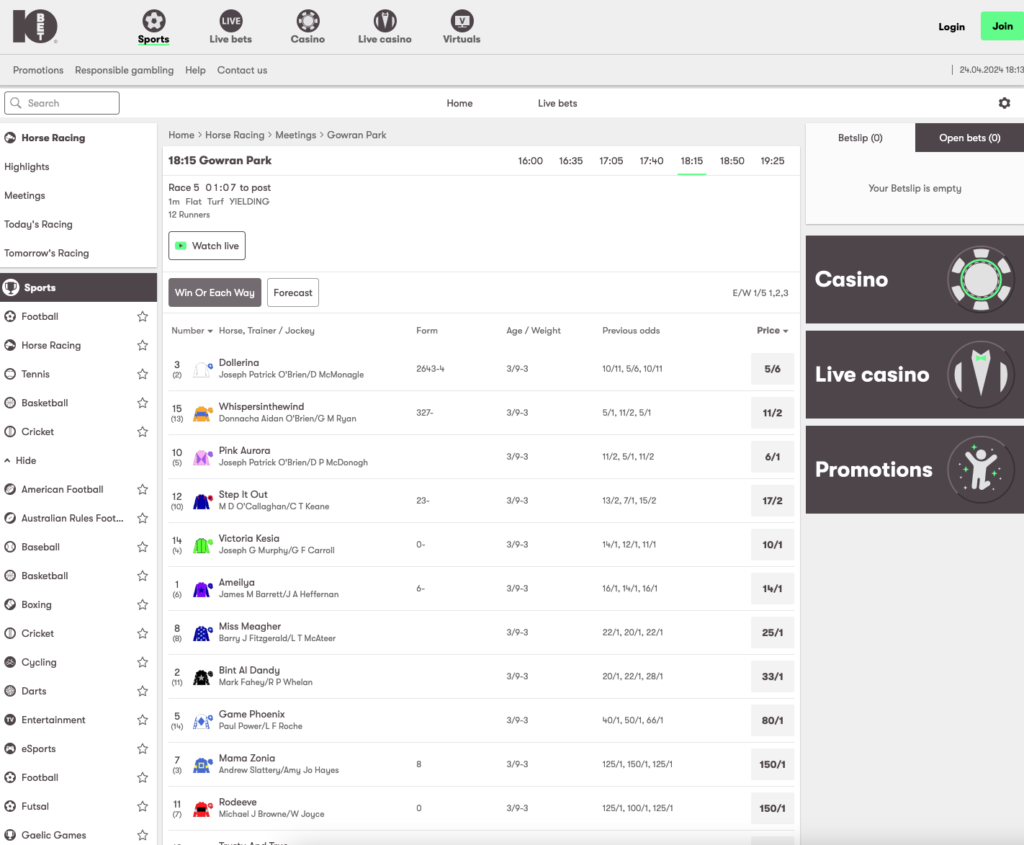 An screenshot of 10Bet Horse Racing Betting Site
