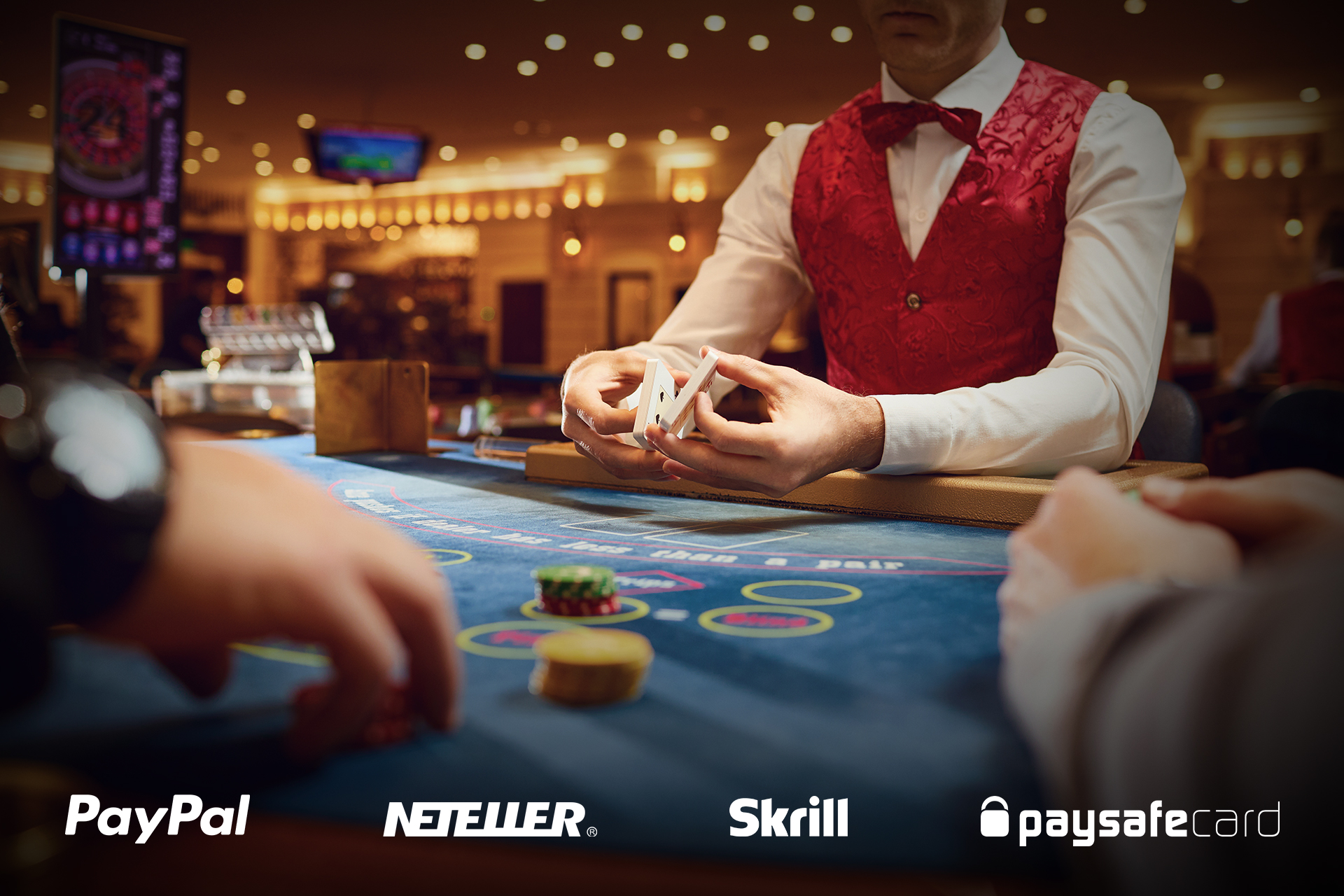 Dealer in a casino shuffling cards at a baccarat table, with logos of payment methods PayPal, Neteller, Skrill, and Paysafecard displayed at the bottom. The image illustrates the availability of various online payment options the best live baccarat online casinos.