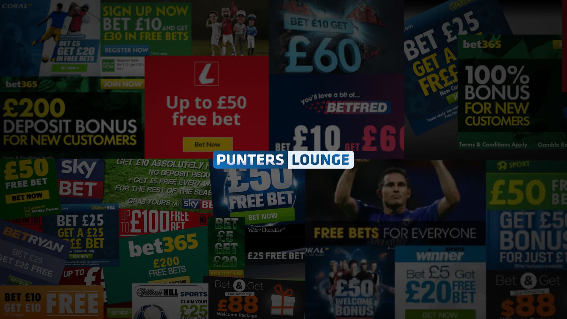 A collage of various promotional banners from betting brands offering free bets and bonuses, including options like 'Bet £10 Get £30,' '£200 Deposit Bonus,' '£50 Free Bet,' and '100% Bonus for New Customers.' The central image prominently features the Punters Lounge logo among these offers, highlighting free bet opportunities from well-known bookmakers.