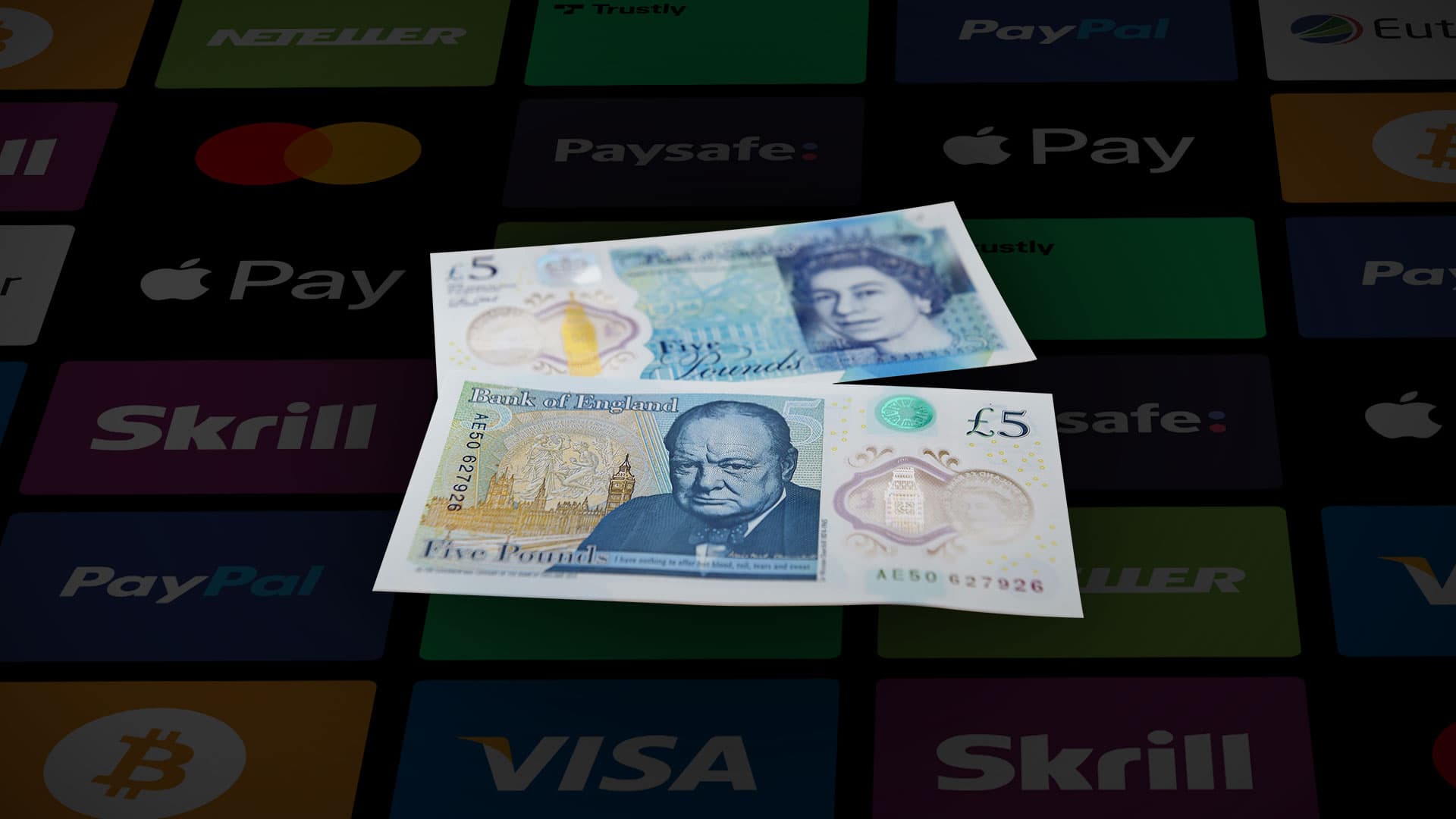 £5 deposit betting sites image of Winston Churchill/ Queen Elizabeth £5 notes