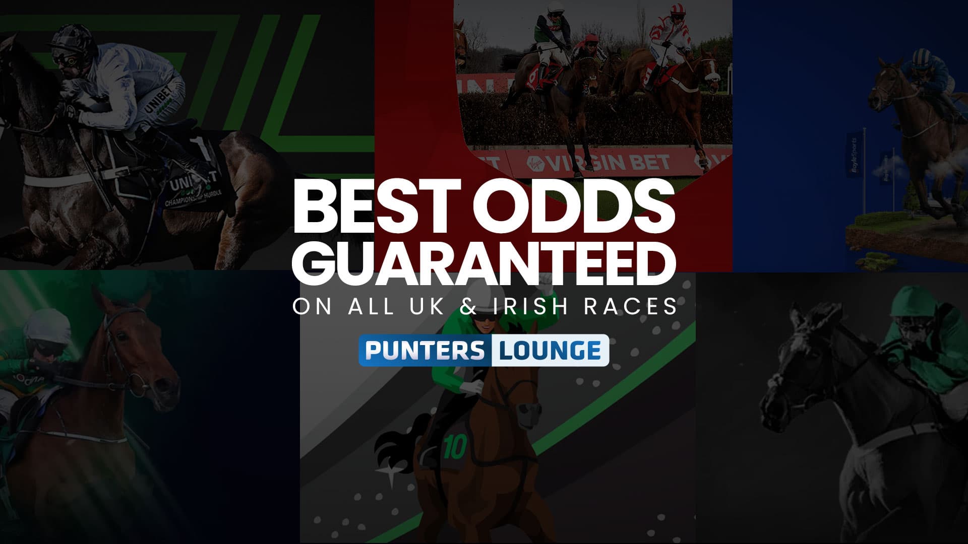 Promotional banner for Punters Lounge highlighting "Best Odds Guaranteed Bookmakers" on all UK and Irish horse races. The banner features images of jockeys racing, emphasizing guaranteed best odds for bettors. The Punters Lounge logo is centrally placed, appealing to racing enthusiasts looking for top bookmakers offering best odds guarantees.