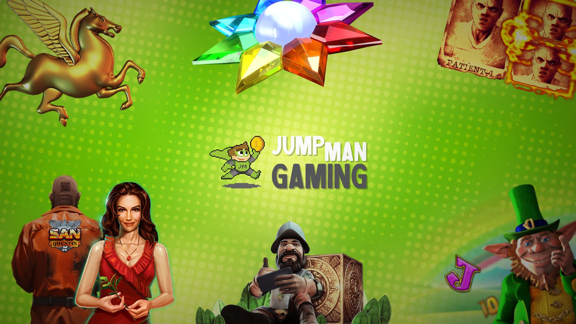 Bright green promotional image featuring characters from popular slot games, highlighting the Jumpman Gaming logo at the center. Perfect representation of Jumpman Gaming sites offering exciting slots, bingo, and unique features like the Mega Reel.