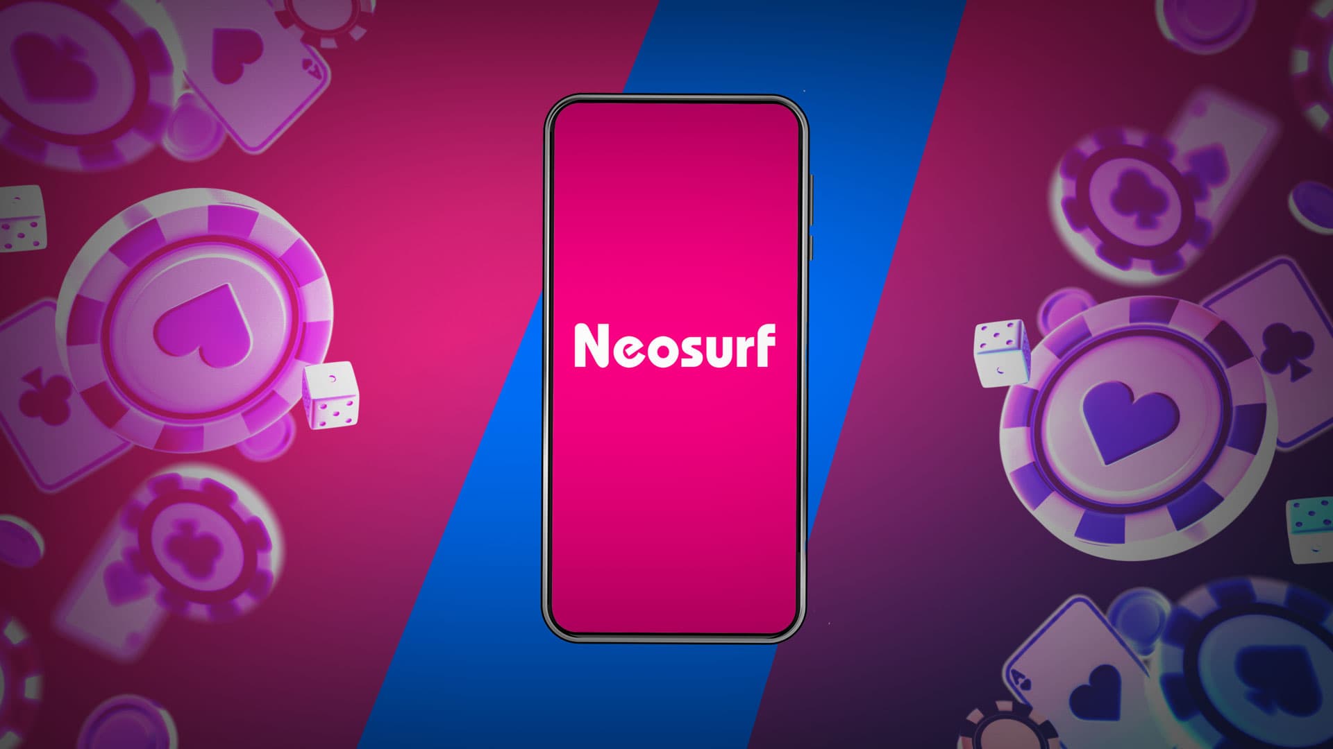 Smartphone displaying Neosurf logo surrounded by casino elements like poker chips, playing cards, and dice, highlighting the theme of Neosurf casinos.