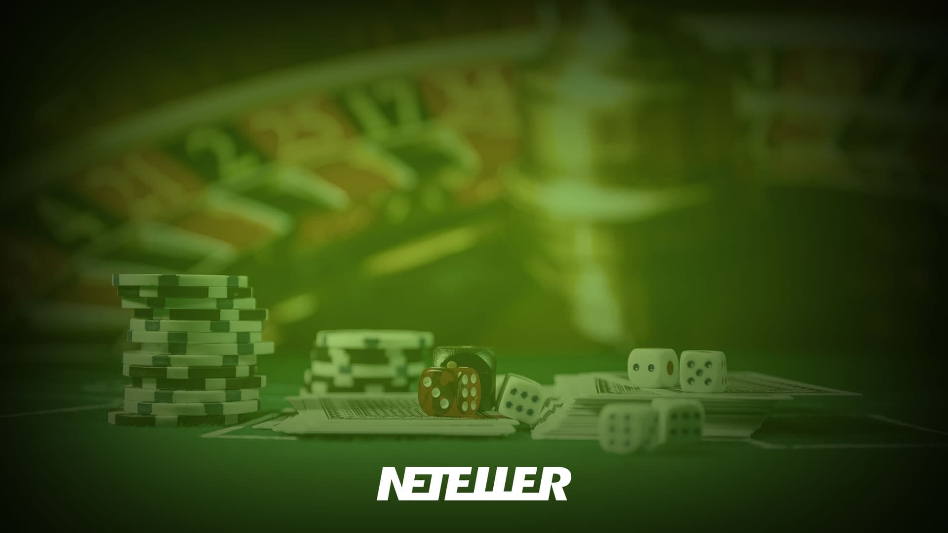 Casino table with poker chips, playing cards, and dice, highlighting online gambling at Neteller casinos. Roulette wheel in the background suggests a variety of casino games supported by Neteller.