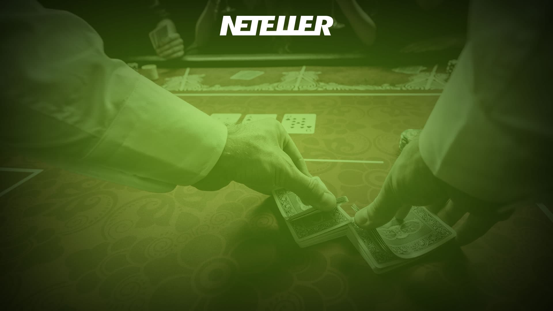 Live dealer handling playing cards at an online casino table, showing how Neteller casino players can enjoy live gaming experiences with seamless Neteller transactions.