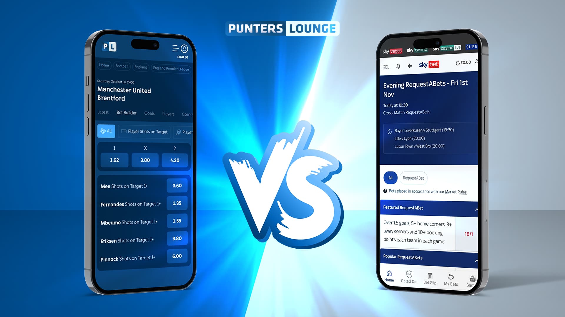 Comparison image showcasing two mobile interfaces for a bet builder vs a request a bet